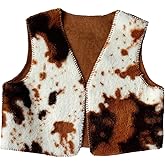 BEAUDRM Women's Cow Print Fuzzy Vests Western Cowgirl Vest Open Front Sleeveless Vintage Crop Jacket Outerwear