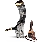Norse Tradesman Genuine 12" Ox-Horn Viking Drinking Horn with Antique Brass Rim & Wolf Tip, Brown Leather Belt Holster, Fitted Stand & Burlap Gift Sack - The Fenrir, 12-Inches, High Polish