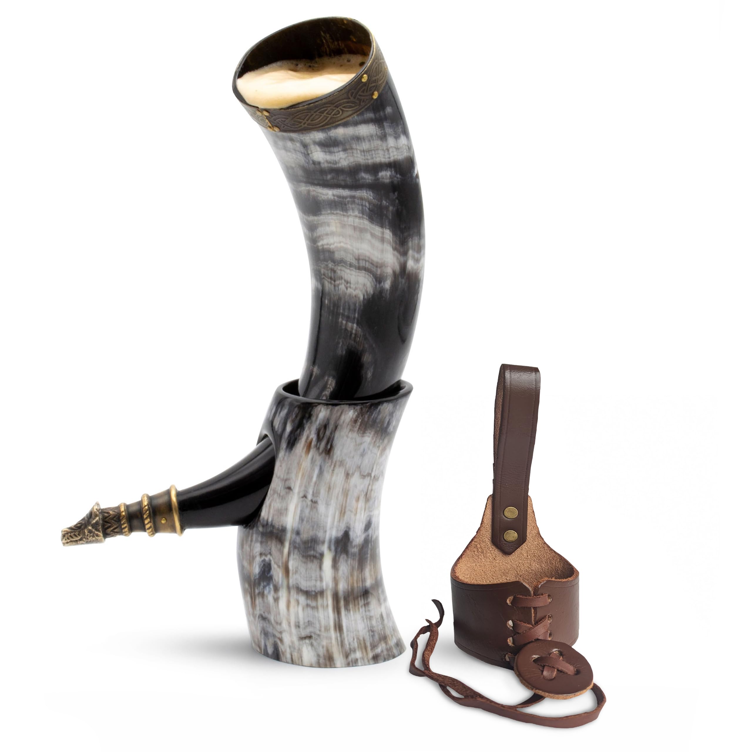 Norse Tradesman Genuine 30 cm Ox-Horn Viking Drinking Horn with Horn Stand & Brass Wolf Adornments | Burlap Gift Sack Included | Brass Rim & Wolf Tip, High Polish, 30 cm
