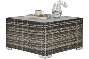 Outsunny Rattan Garden Coffee Table, 25.6" Square Garden Rattan Table with Tempered Glass Top, All-Weather Wicker Bistro Outd