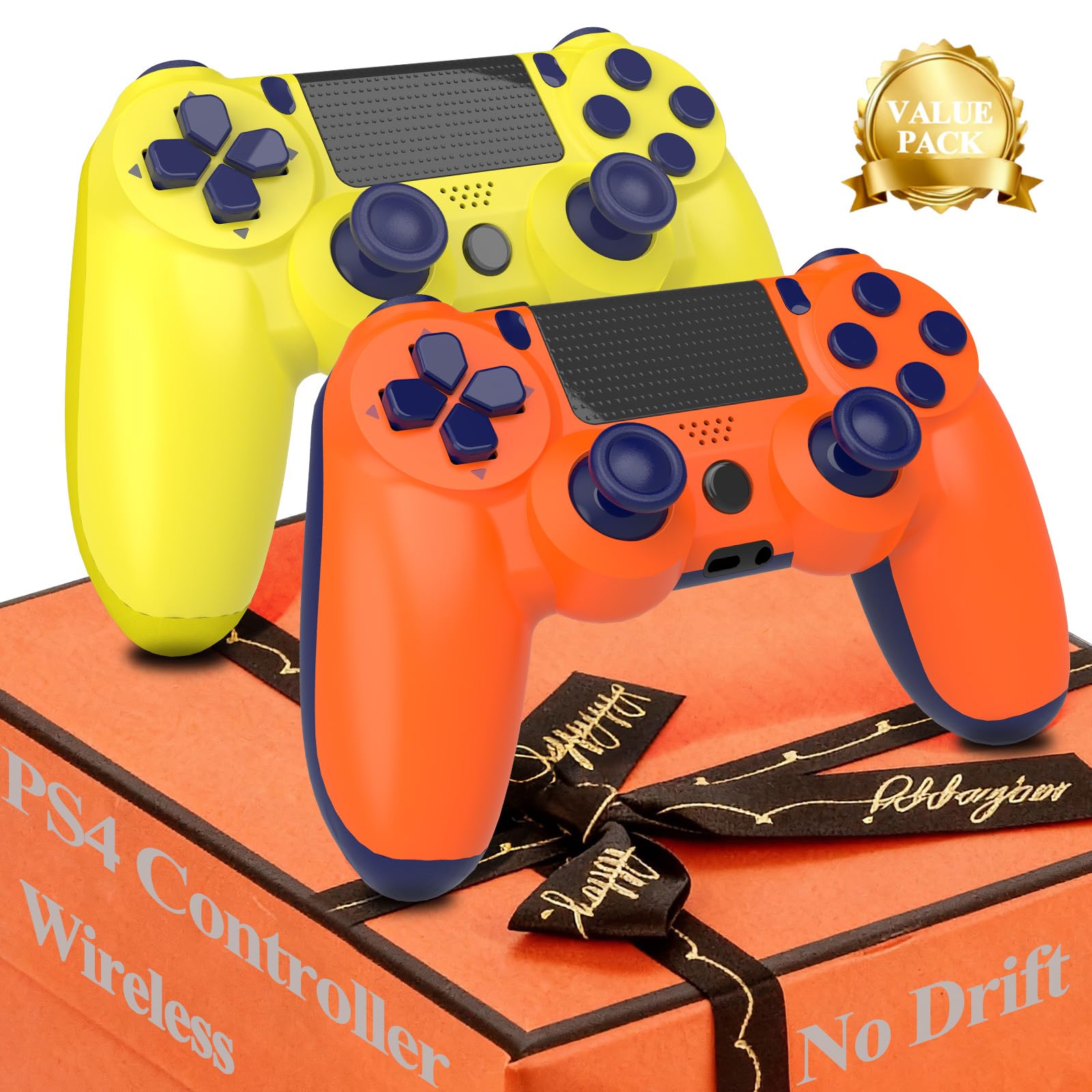 Dwifocor Control for PS4 Controller 2 Pack Wireless Remote for PlayStation 4 Controllers,Dual Gamepad Shock with Vibration No-Drift Joysticks Compatible with PS4 Slim Pro,Best Gfit,Yellow Orange