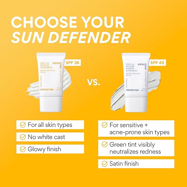 INNISFREE DAILY UV DEFENSE MINERAL SUNSCREEN BROAD SPECTRUM SPF 45 WITH HYALURONIC ACID, KOREAN SUNSCREEN FOR FACE WITH COLOR CORRECTING GREEN TINT