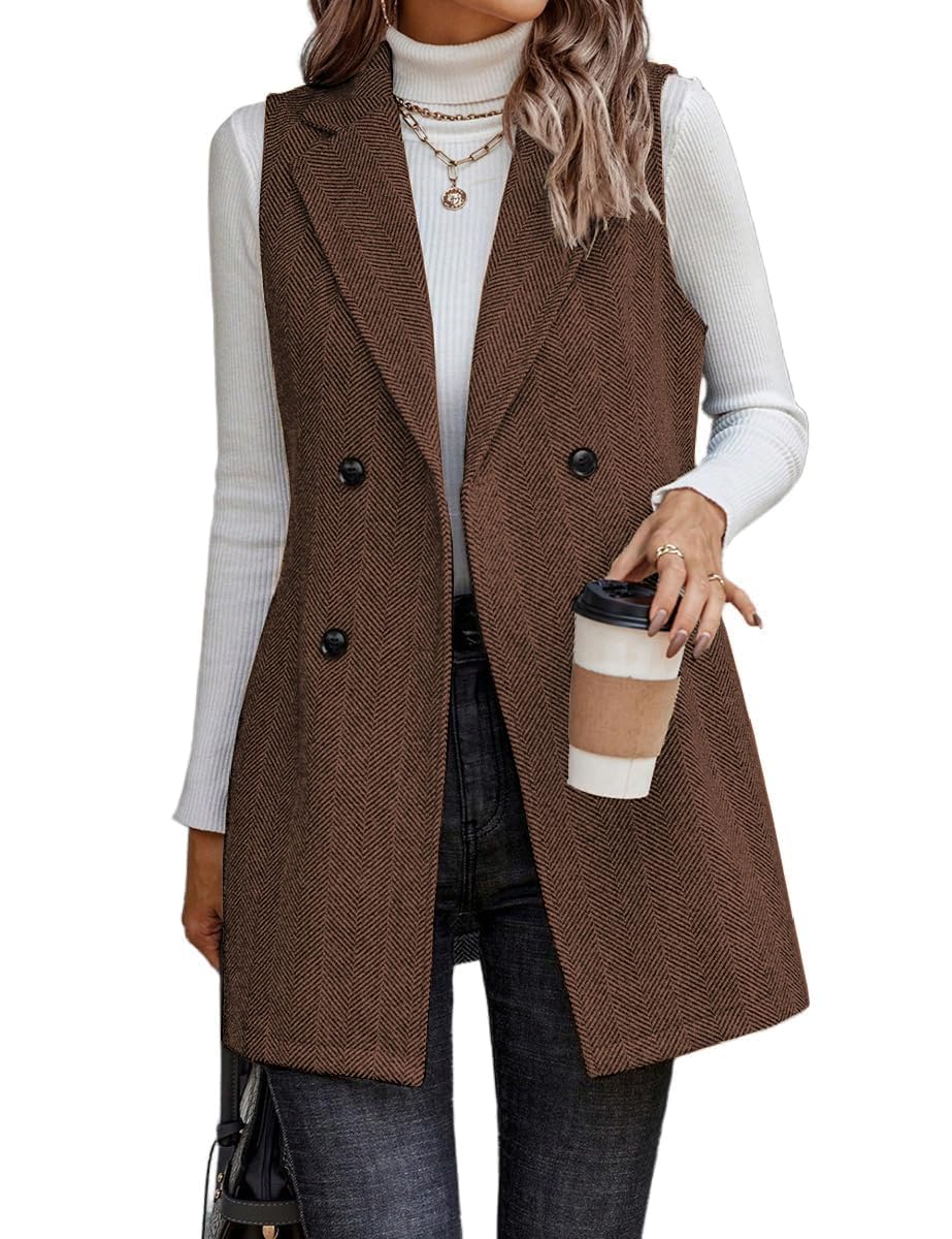Photo 1 of IDEALSANXUN Plus Size Vest for Women 2025 Fall Tops Winter Clothing Sleeveless Tweed Blazer Dress Vest Jackets Trench Coat Waistcoat, Brown, 3XL