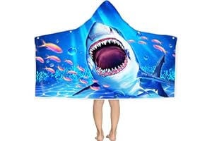 BONSAI TREE Shark Beach Towel, Shark Towel for Kids with Hood, Ocean Fishes Hooded Towel for Boys 30" x 50", Funny Sea Animals Microfiber Absorbent Soft Bath Towel Poncho Bathrobe for Swin Pool