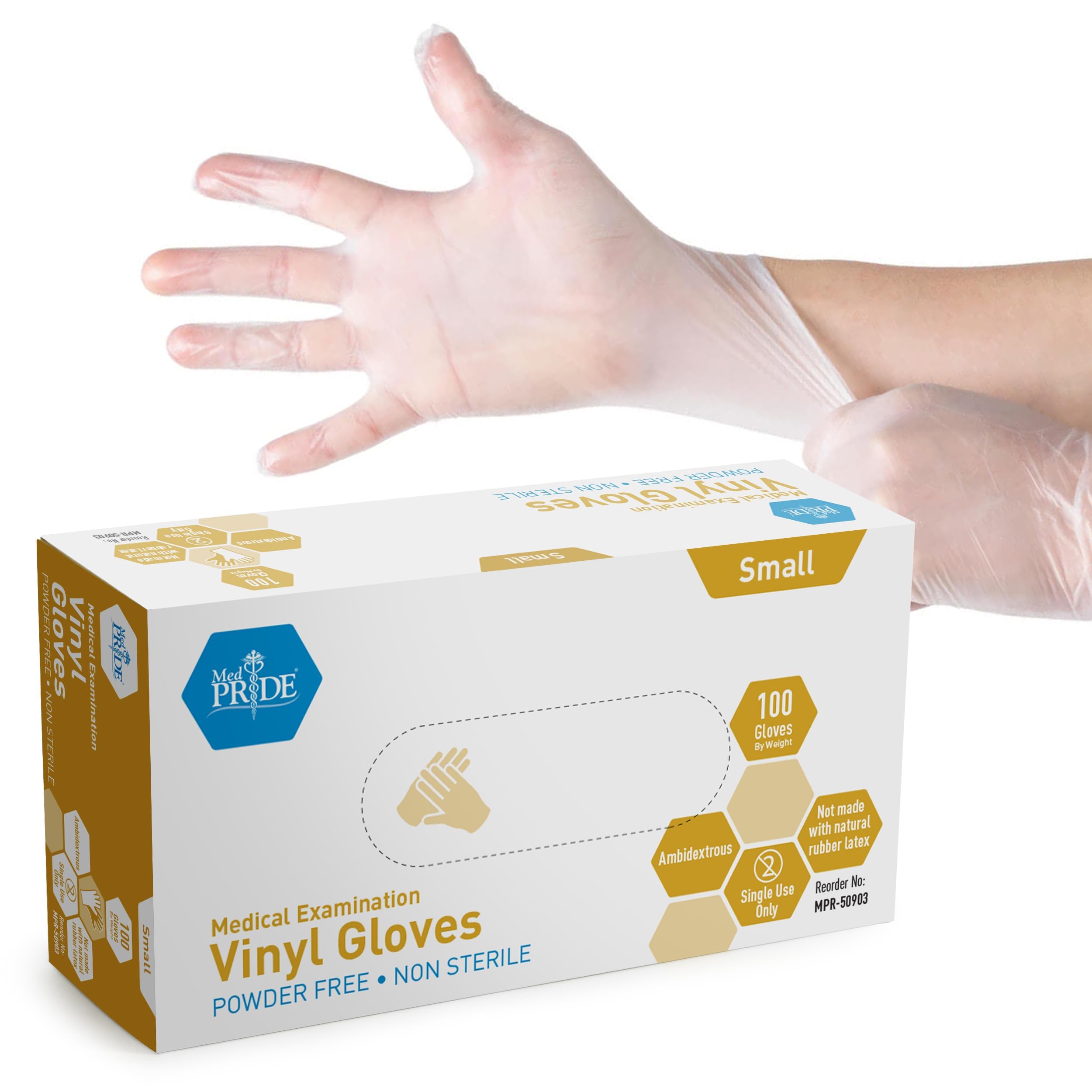 Photo 1 of MED PRIDE Medical Vinyl Examination Gloves (Small, 100-Count) Latex & Rubber Free, Ultra-Strong, Clear Disposable Powder-Free Gloves for Healthcare & Food Handling Use