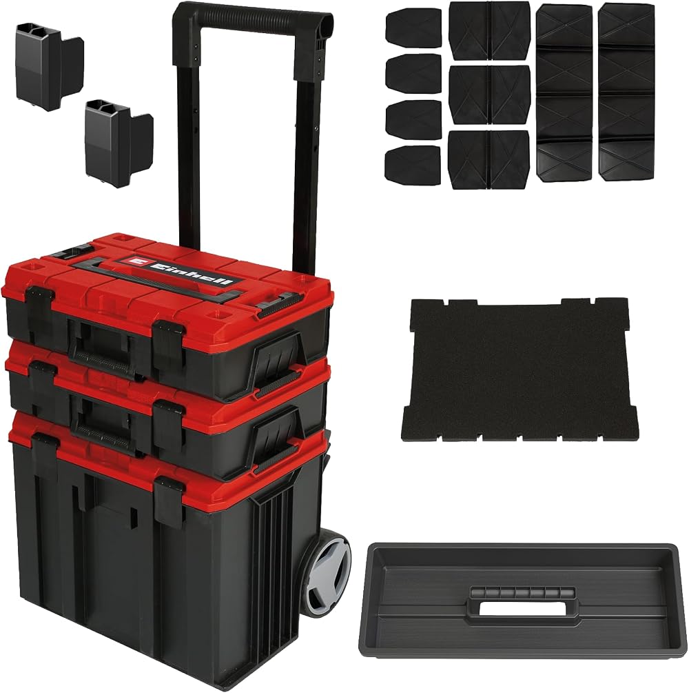 Einhell E-Case Tower 3 Stackable Tool Storage with Wheels Telescopic Handle