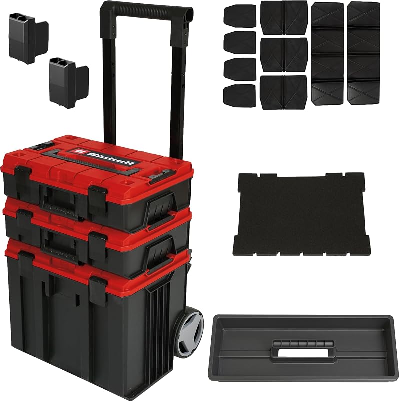 Einhell E-Case Tower 3 Stackable Tool Storage with Wheels Telescopic Handle