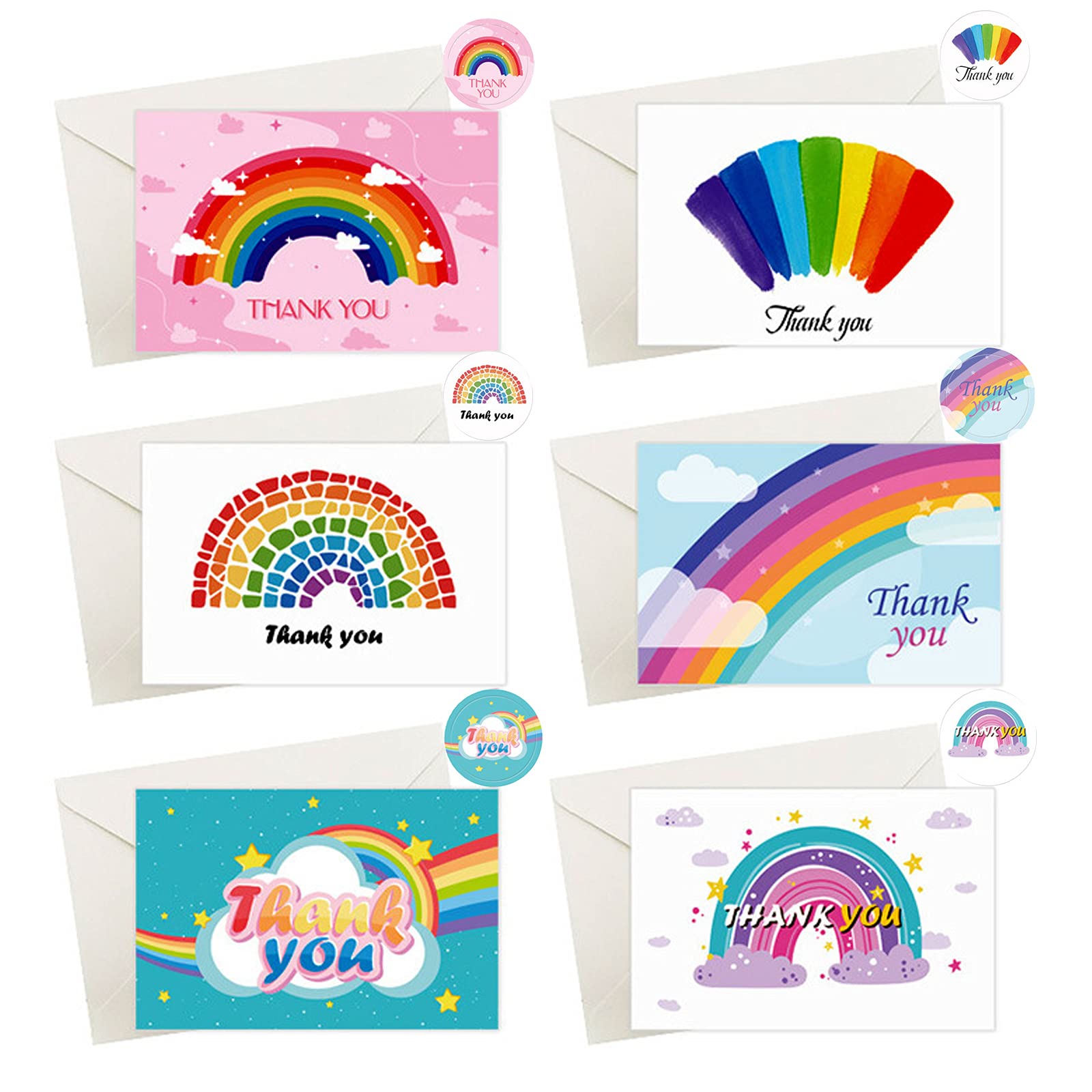 dogmoon Thank You Cards Multipack, 12Pcs Rainbow Design Thank You Greeting Cards with Envelopes and Stickers, Birthdays Thank You Cards for Baby Showers Teachers and Wedding