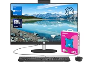 HP 27" FHD Touchscreen Intel Ultra 7 AI All-in-One Desktop, 27" FHD Touchscreen, Intel Ultra 7 155U, 64GB DDR5 RAM, 2TB SSD, Wired KB & Mouse, Wi-Fi 6, W11H, with ADATA 512 External SSD Bundle