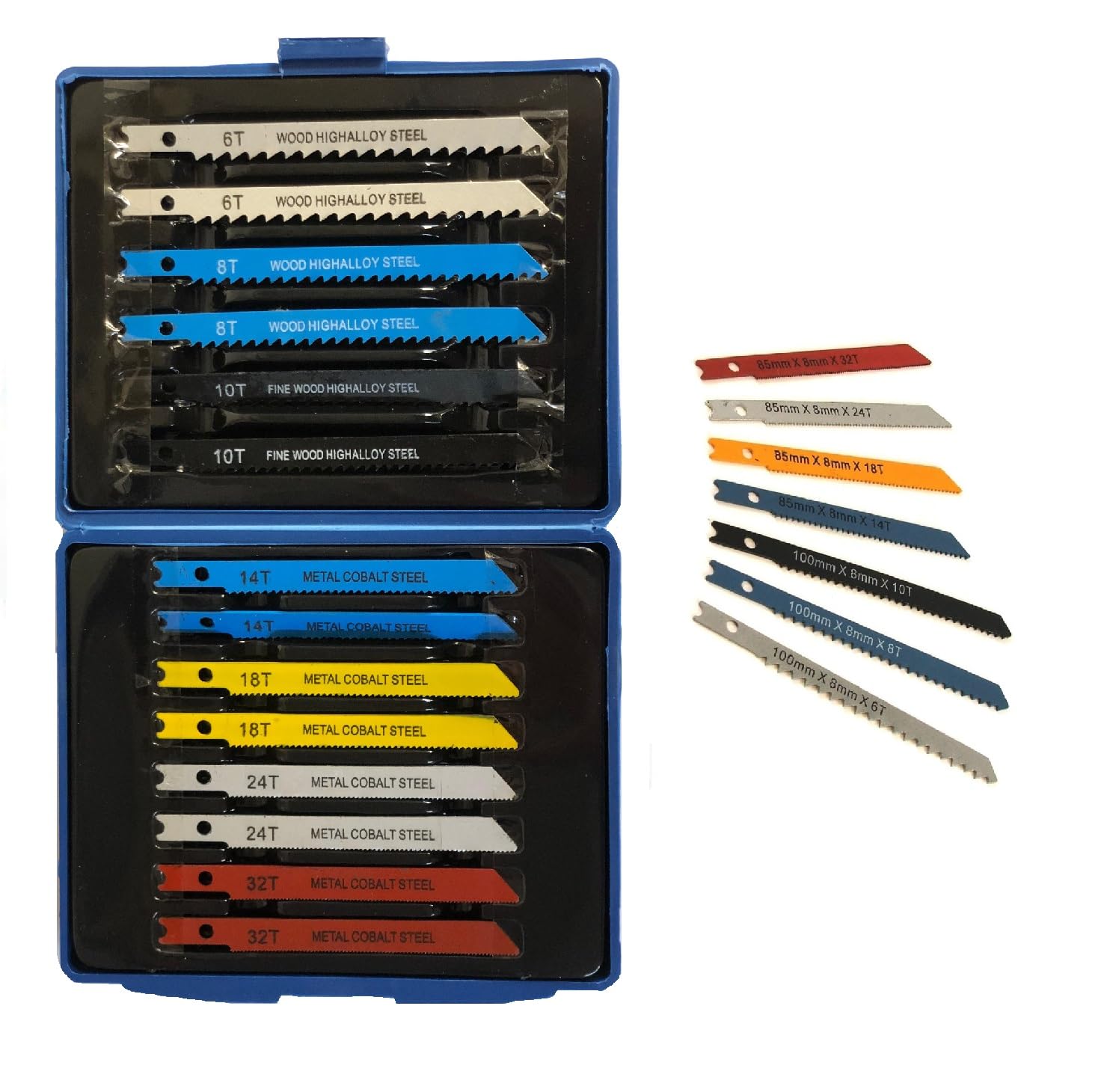 Simply Products 14pc U-Fit Jigsaw Blade Set - U Fitting Metal, Plastic, Wood, PVC, Aluminum Blades, 6T, 8T, 10T, 14T, 18T, 24T, 32T