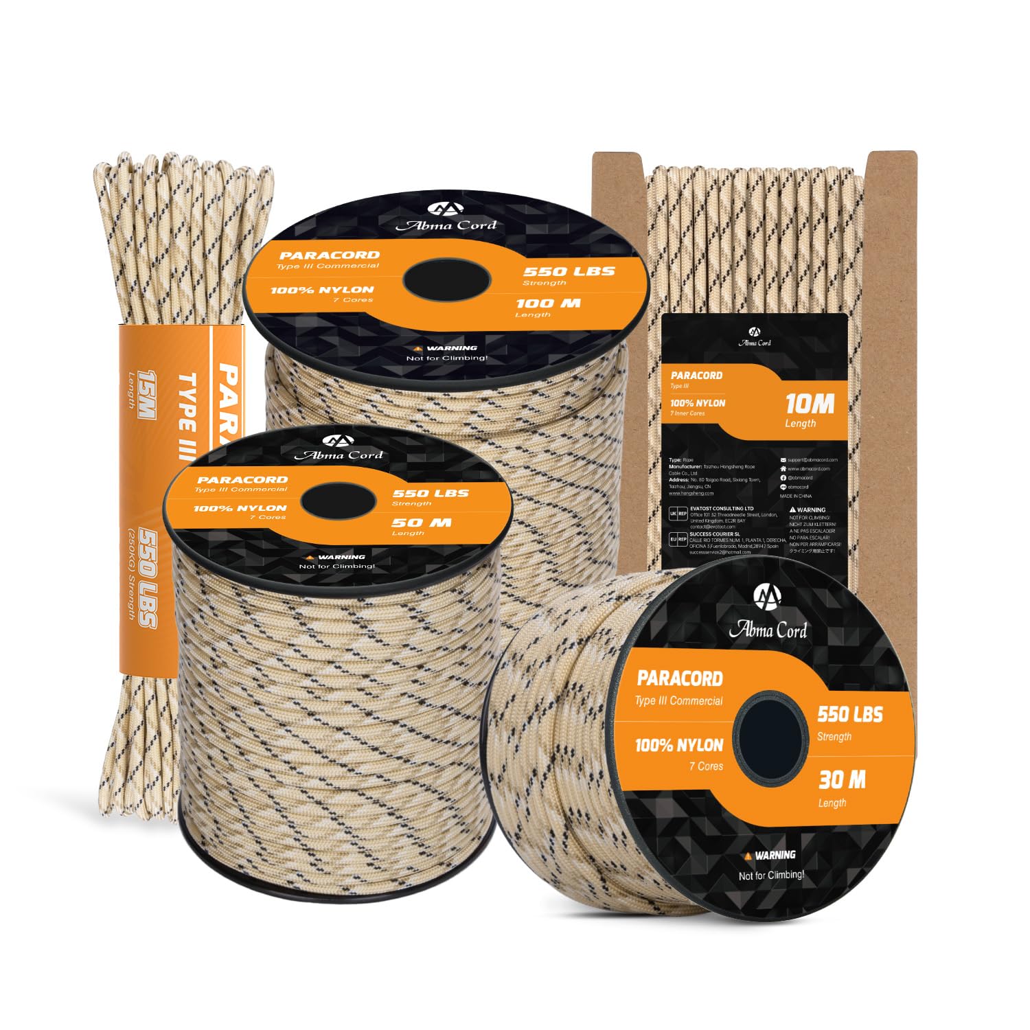 Abma Cord Paracord 550 4mm 15m 100% Nylon Rope Type III 7 Strands Parachute Cord for DIY, Camping, Survival, Outdoor - Max. 250kg - Desert Camo