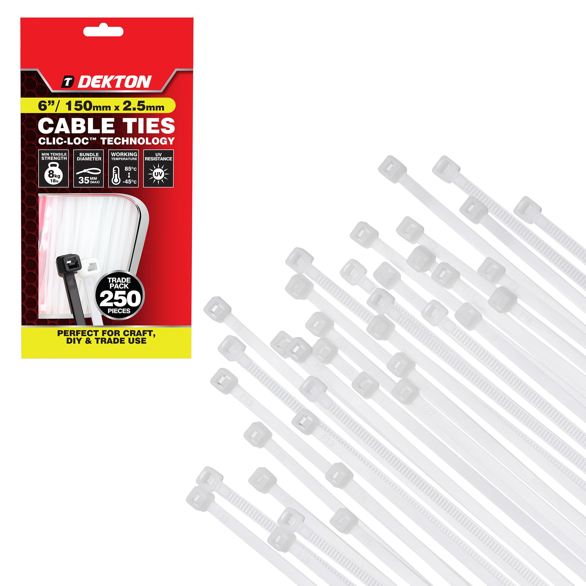 Dekton 250PC Cable Tie Set - 2.5MM X 150MM White | Heavy Duty Industrial Strength | High Temperature Resistant | Self-Locking Teeth | Ideal for Cables, Piping, Gardening & Wires | Indoor & Outdoor Use