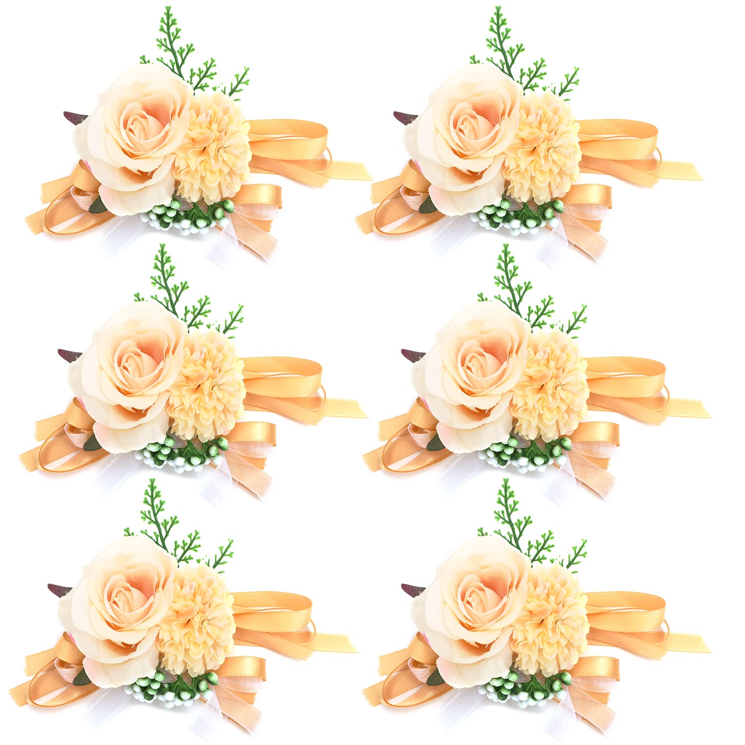 YunJiaoon 6 PCS Rose Flower Wrist Corsage Boutonniere Set Handmade Artificial Corsage Set Bride Hand Flower Men Boutonniere for Wedding Party Prom Decorations