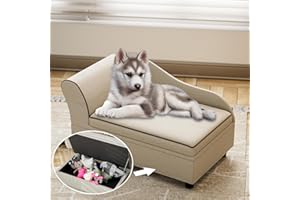 Oarlike Pet Sofa Linen Fabric Comfort Dog Couch with Storage Box Removable&Washable Cushion Dog Sofa Bed for Small and Medium Dogs, Cats for All Seasons (Large, Khaki)