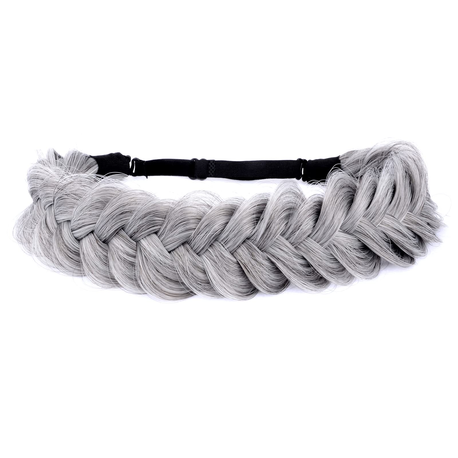 BOBIYA Messy Wide 2 Strands Synthetic Hair Braided Headband Classic Chunky Plaited Hair Headband for Women Girl (Salt Pepper)