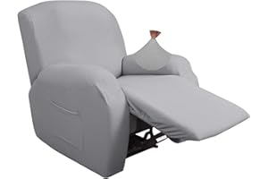 JIVINER Super Stretch Recliner Chair Covers 4 Pieces Sofa Slipcover for Recliner Chair Spandex Soft Recliner Slipcover with Pockets Recliner Furniture Protector (Recliner, Light Gray and White)