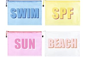 SOIDRAM 4PCS Beach Makeup Bags SPF Cosmetic Bags for Women Girls Summer Varsity Zipper Pouch Clear Waterproof Beach Toiletry Organizer Trendy PVC Makeup Bag for Travel Sandproof Essential