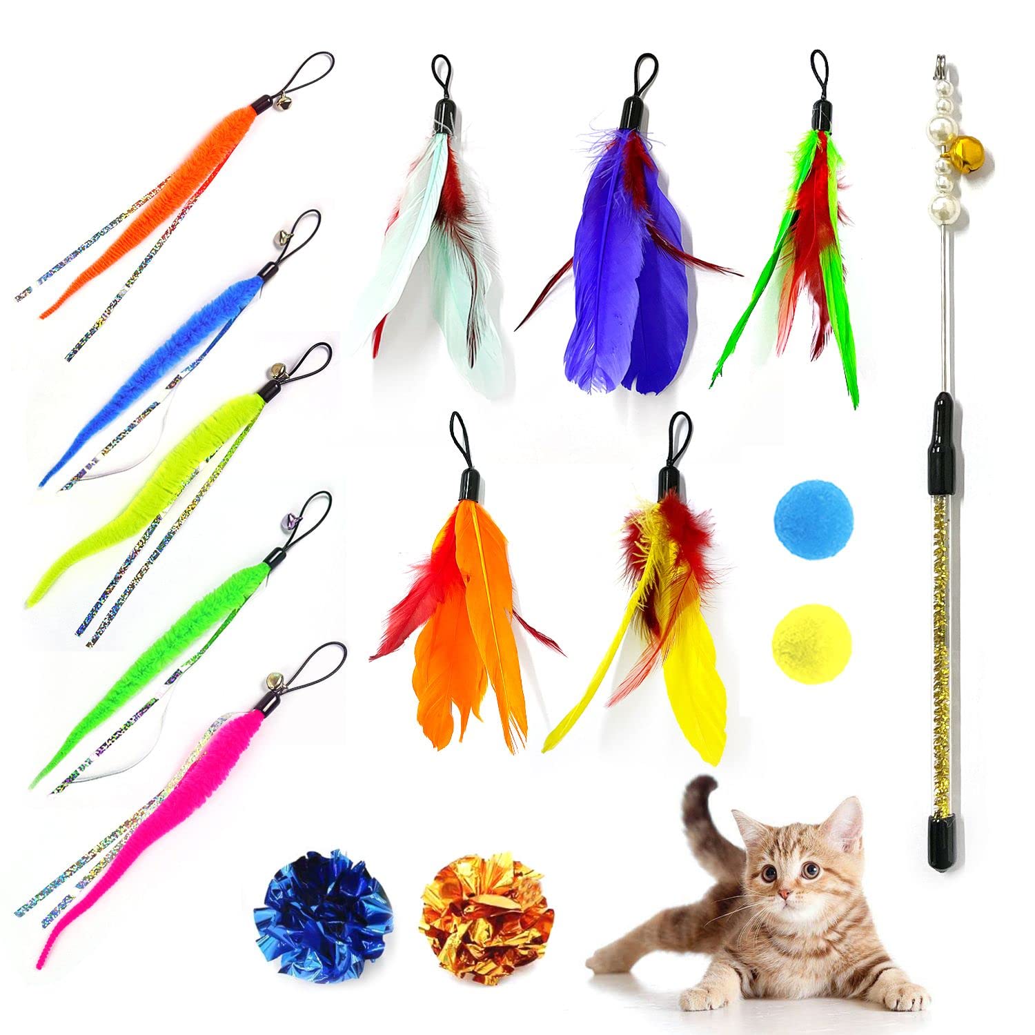15 Pcs Cat Toys Puppy Indoor Pet Kitty Kitten Catcher Spare Bird Feather Worm Bells Fluffy Crinkle Balls Interactive Hook Teaser Wand Fishing Rod Stick Colourful Training Fun Play Set Refills Crinkle