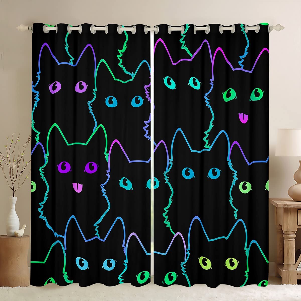 Loussiesd Cartoon Cat Curtain for Bedroom Children Pet Cats Darkening Window Dreapes Cute Kitten Neon Light Blackout Curtains3D Animal Cat Lover's Window Treatments W66*L72 — image 1