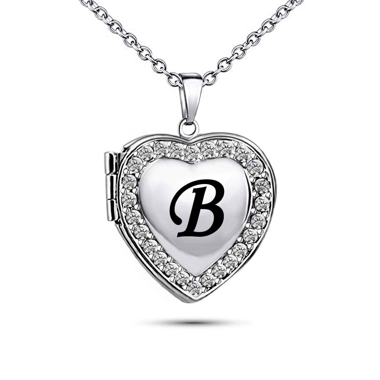 KunBead Jewelry Custom Photo Picture Heart Silver Locket Necklace 18 inch Letter B Initial Alphabet Necklace for Her