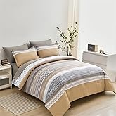 KAKIJUMN 7 Piece Bed in a Bag Stripe Comforter Set King Size, White Grey Khaki Patchwork Striped Comforter and Sheet Set, All Season Soft Microfiber Complete Bedding Set(Khaki,King)