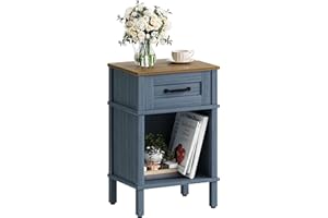 YAUKTAK Farmhouse Nightstand with Drawer, Wood Bedside Table with Open Shelf, Modern Bedside Cabinet for Bedroom, Small End Table, Side Tables with Storage Shelf for Bedroom Blue LET512LR