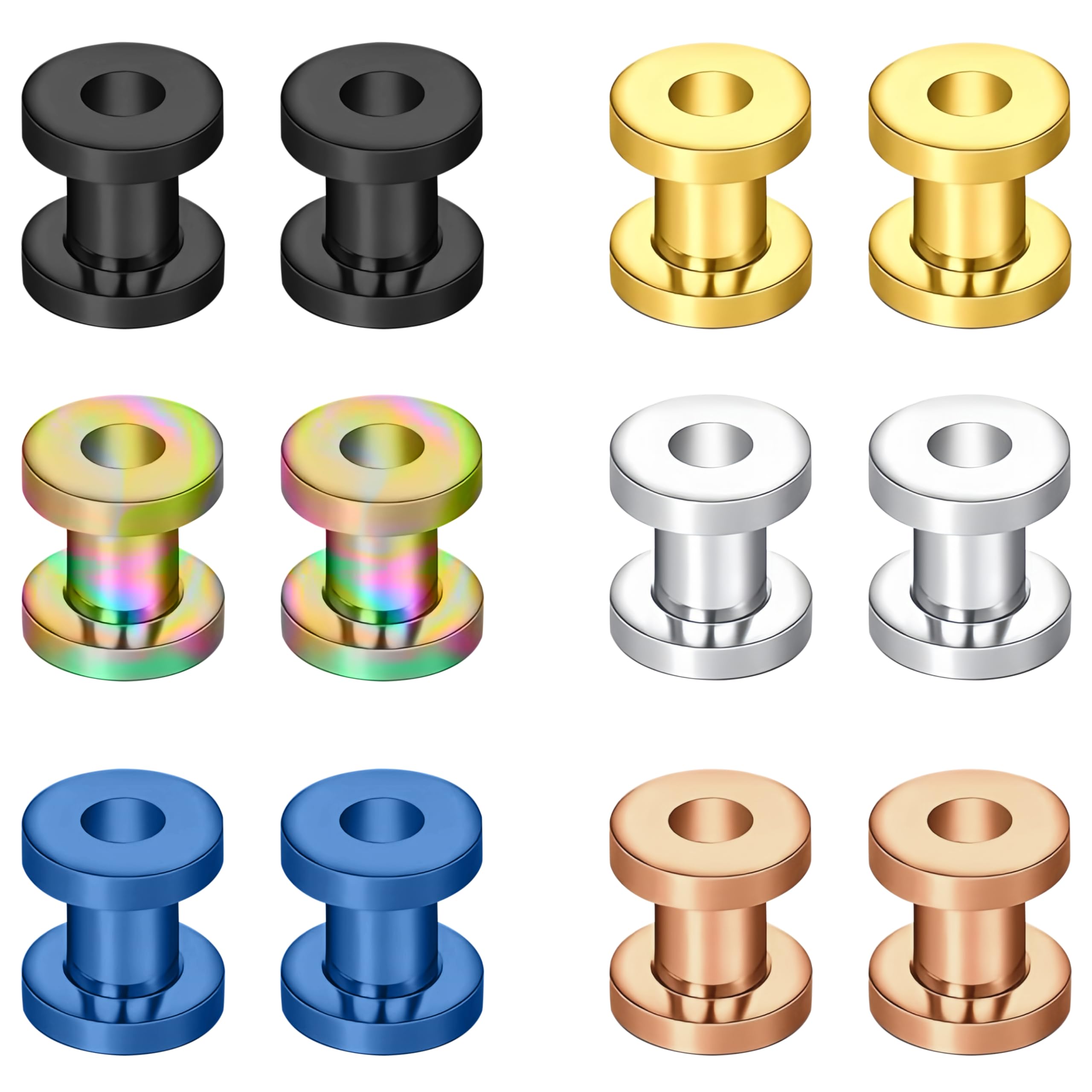 ZeSen Jewelry 6 Pairs Stainless Steel Screw Tunnels Fit Plugs Flesh Expander Stretcher Ear Gauges Piercing, Stainless Steel