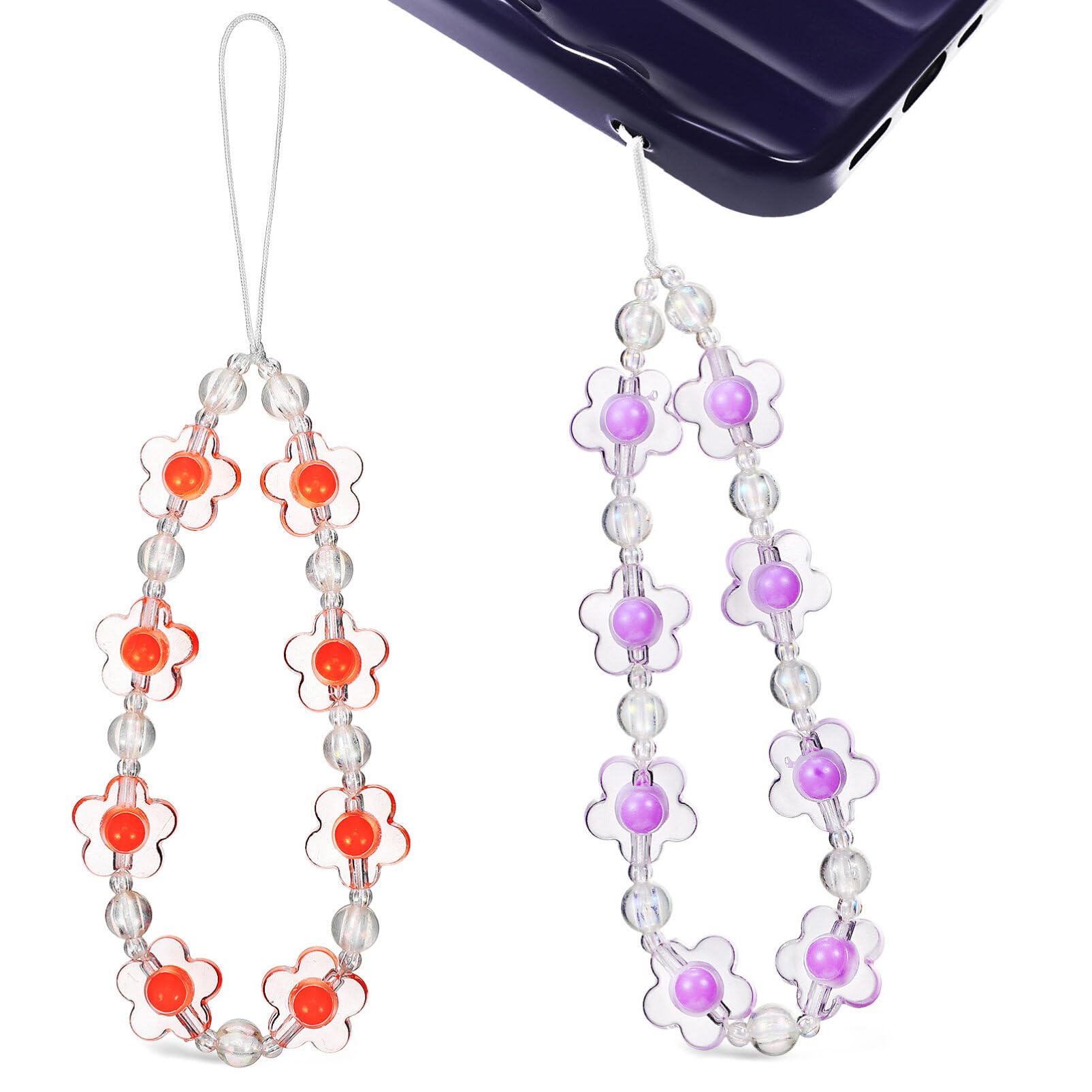 Hemobllo Beaded Phone Charm - 2 Pcs Phone Strap Beaded Lanyard Wrist Strap Beads Bracelet Cute Chain for Women Girls (Purple, Orange)