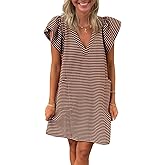 Mieazom Striped V-Neck Mini Dress for Women Puff Sleeve Casual Dress with Pockets, Comfortable & Stylish for Summer Brown-White Stripes XL