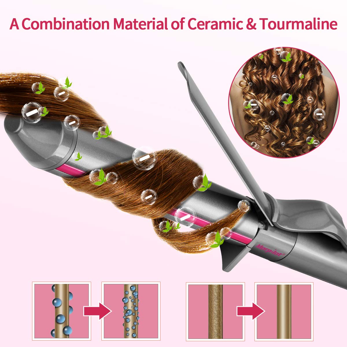 Morpilot Curling Iron, Dual Voltage Hair Curling Wand Automatic Rotating Wand Curling Iron with Anti-scalding Insulated Tip, Ceramic Technology with LCD Temp Display Include Heat Resistant Glove