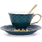VanEnjoy Green Vintage 8 Ounces Porcelain Coffee Cup,Tea Cup and Saucer Set and Saucer with Decorative Scale Pattern, Vintage