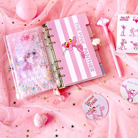 Amazon Ribenn A6 6穴 バインダーノート 手帳 透明なカバー リフィル 方眼と無地 90枚 ピンクパンサー 可愛いバインダー手帳 ルーズリーフ スパンコール収納ポケット ローラーボール インデックス Diyシール チェーン飾りなど お得なセット手帳 ポケットサイズ 女性