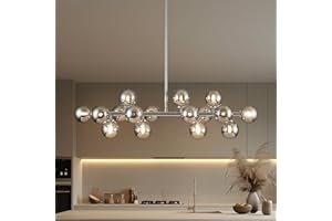 PiWWPi Glass Globe Sputnik Chandelier, 16-Light Mid Century Modern Light Fixture Over Table, Linear Chandeliers for Dining Room, Kitchen Island, Chrome and Smoke Grey Bubble, 40 Inch, GC-02