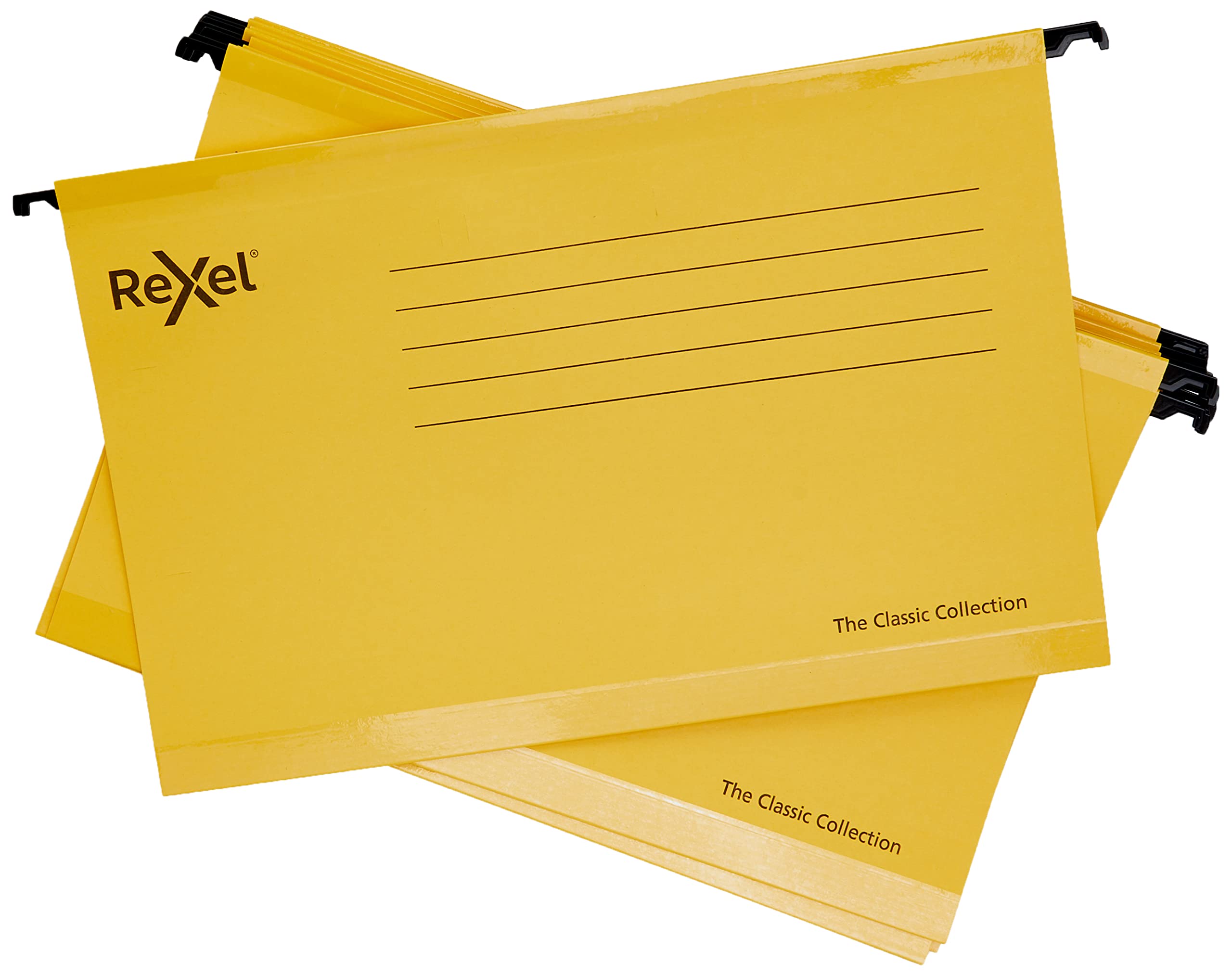 Rexel Classic Foolscap Reinforced Suspension Files for Filing Cabinets, 15 mm V base, 100 Percent Recycled Card, Yellow, Pack of 25, 2115593