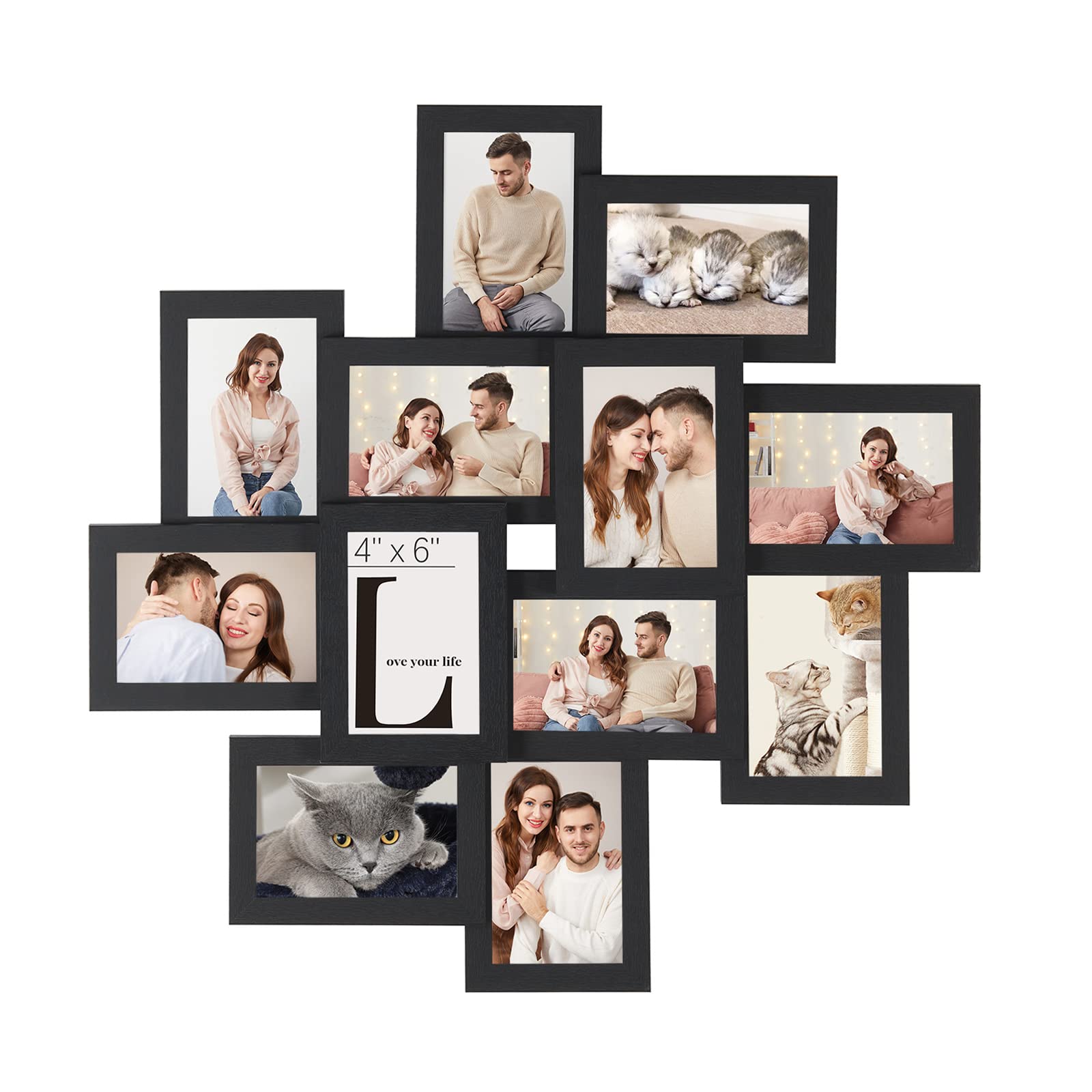 SONGMICS Picture Frame Collage for 12 Photos in 4x6, Picture Frames, Photo Frame Set, Glass, Assembly Required, Wall-Mounted, Family Photos, MDF, Ink Black RPF22BK