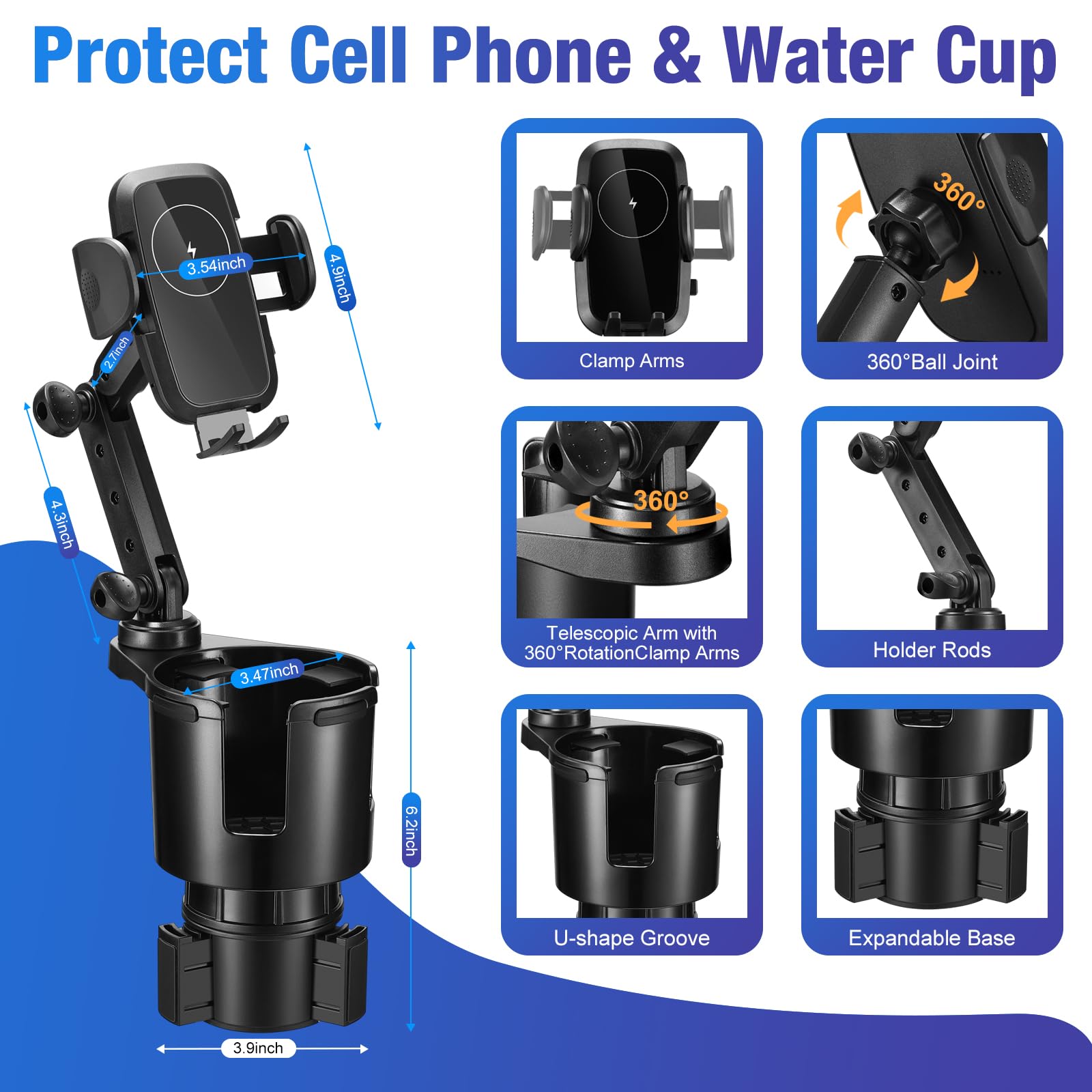 This Hill Cup Holder Phone Charger, 15W Fast Charging Auto Clamping, Phone Holder for Cup Holder Charger with Adjustable Base & 360° Rotation Compatible for All Smartphones(with Car Adapter)