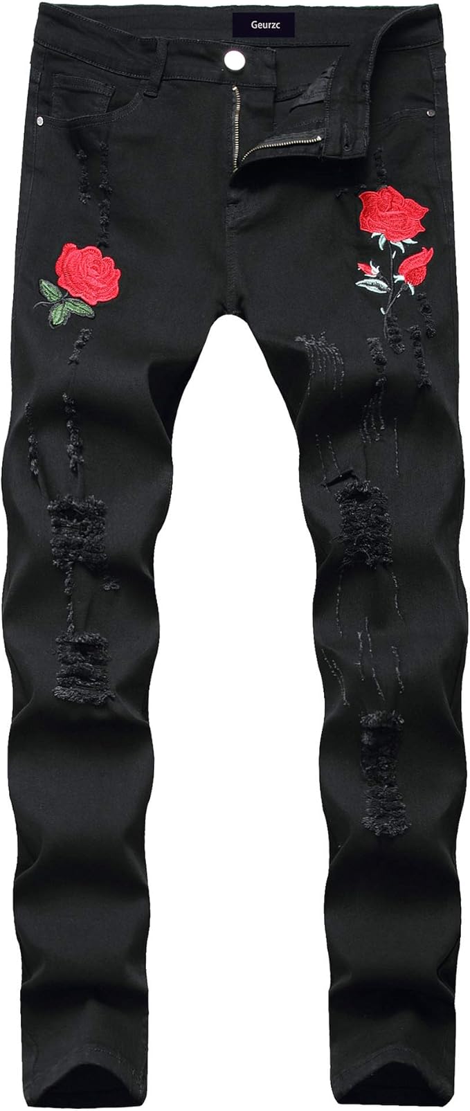 Geurzc Men's Embroidered Roses Distressed Ripped Slim Skinny Fit