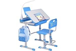 SMAGREHO Kids Desk and Chair Set, Height Adjustable Child's School Study Writing Tables with Tilt Desktop, LED Light, Storage Drawer, Book Stand (Blue)