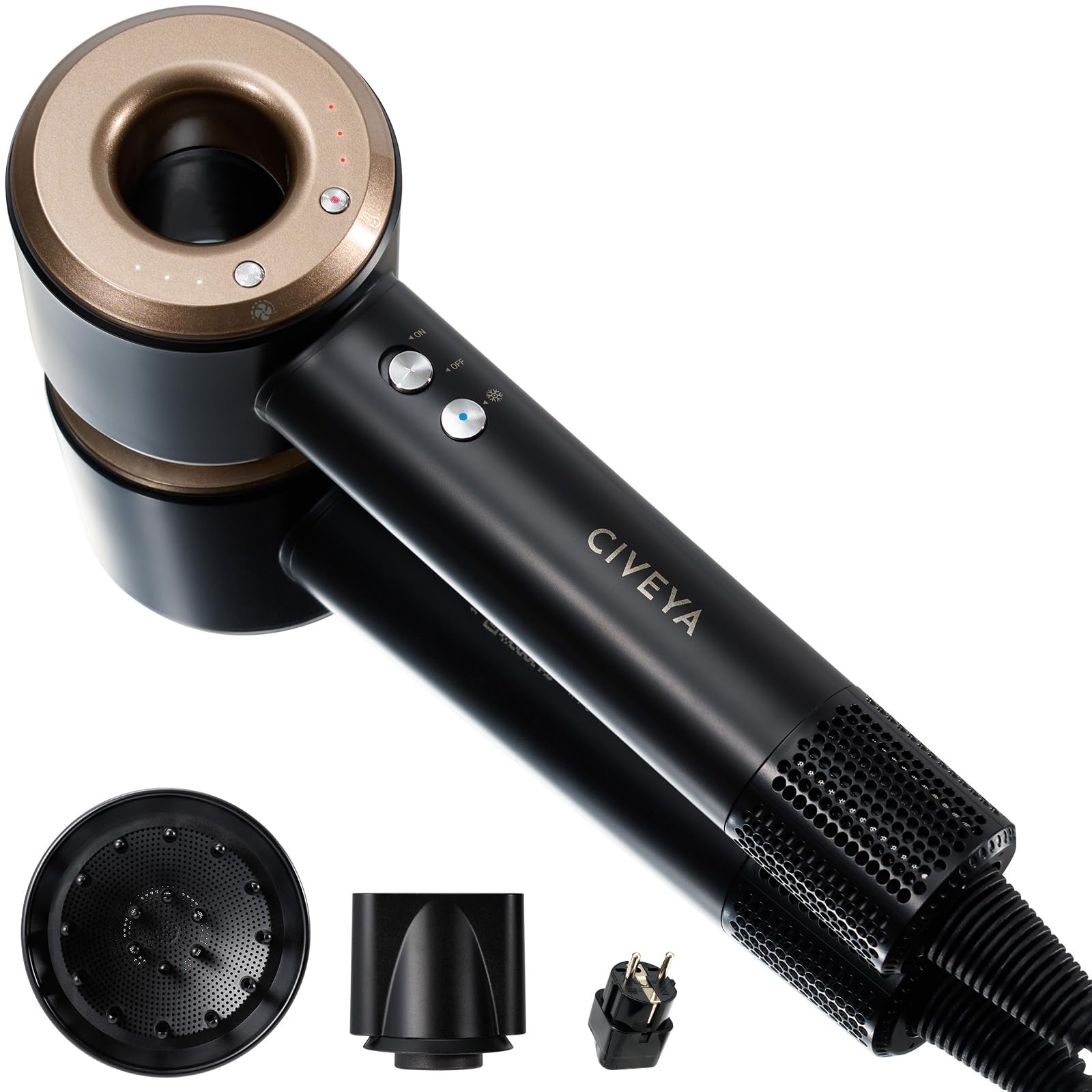 Photo 1 of CIVEYA Dual Voltage Hair Dryer for European Travel & Home Use, 110,000RPM Fast Drying Ionic Blow Dryer with Diffuser, Lightweight/Quiet/Portable Hairdryer with 4 Temps, 3 Speeds & Cool Shot Black