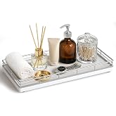 Bathroom Vanity Tray for Countertop, 12" x 6" Oak Wood Toilet Tank Tray | Metal Guardrail, Bathroom Organizer for Soap, Perfume &amp; Skincare, Non-Slip Decorative Tray for Dresser, Silver &amp; White