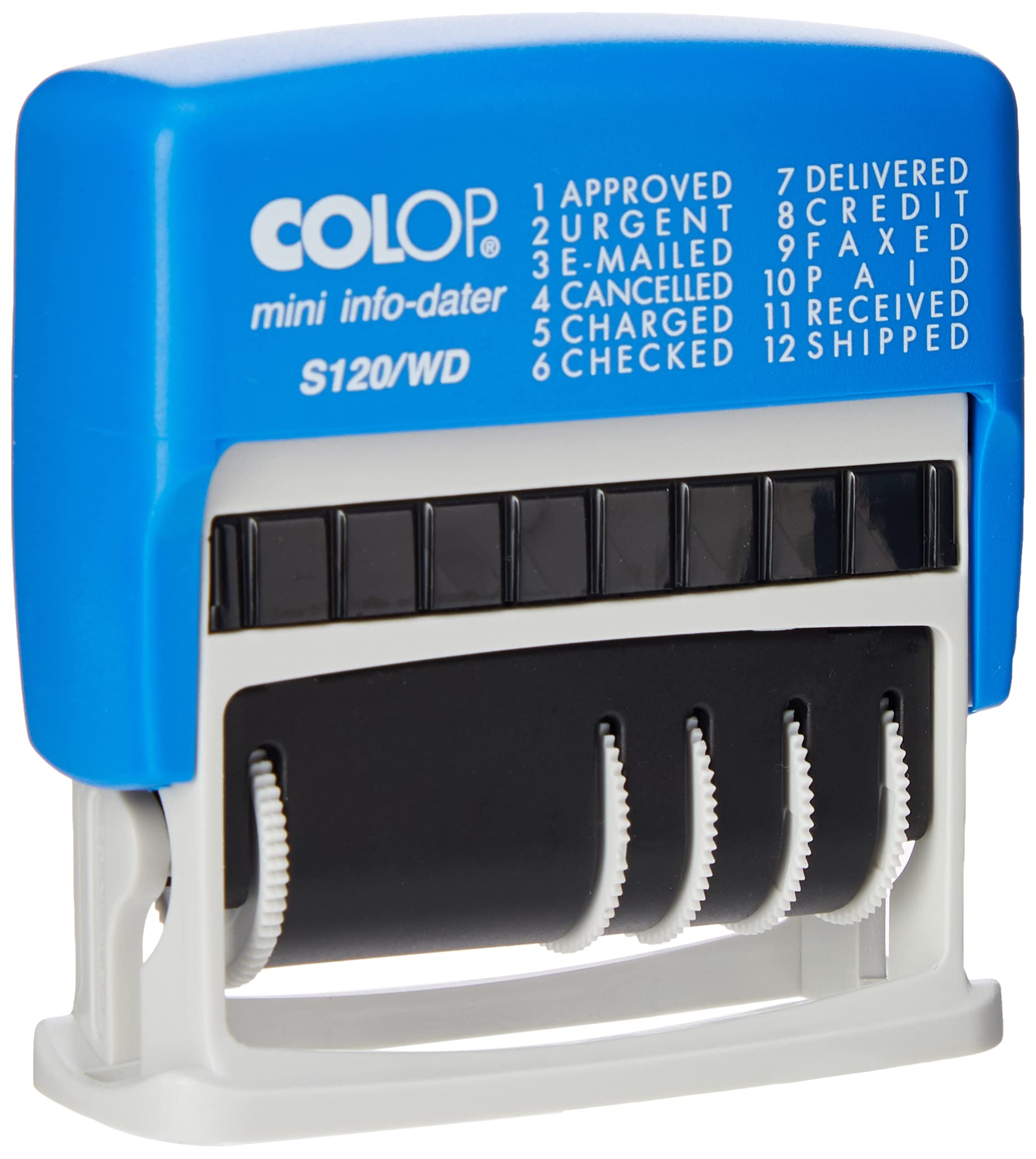 Colop S120/WD Dial-A-Phrase-Dater Stamp Self-Inking 12 Phrases Imprint 43x4mm Red/Blue Ref 14531000