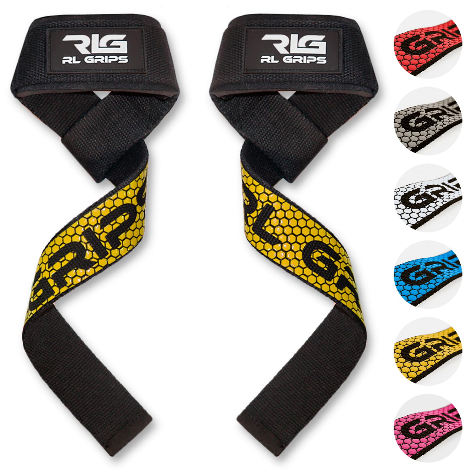 RL Grips® Gym Straps for Weightlifting – Padded Lifting Straps with Silicone Grip – Straps for Powerlifting, Deadlifts, Rows, and Pulldowns (Yellow)