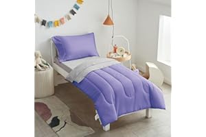 UOZZI BEDDING 4 Pieces Toddler Bedding Set Ultra Soft and Breathable Toddler Sheet Set - Includes Comforter, Flat Sheet, Fitted Sheet and Pillowcase - Purple & Gray