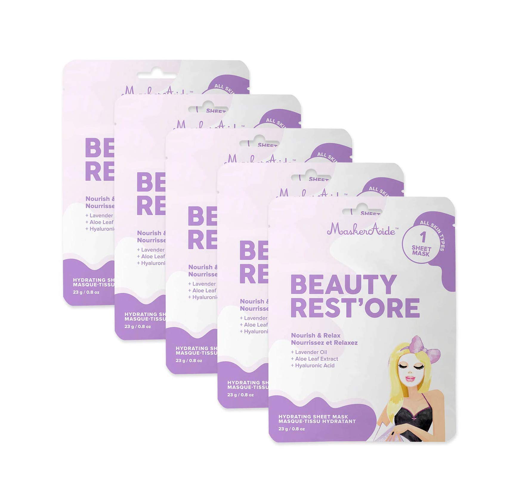 Beauty Restore Nourishing and Hydrating Lavender Face Mask with Hyaluronic Acid, Super Fruit Extracts, Allantoin & Adenosine, Cruelty Free, 5 Pack
