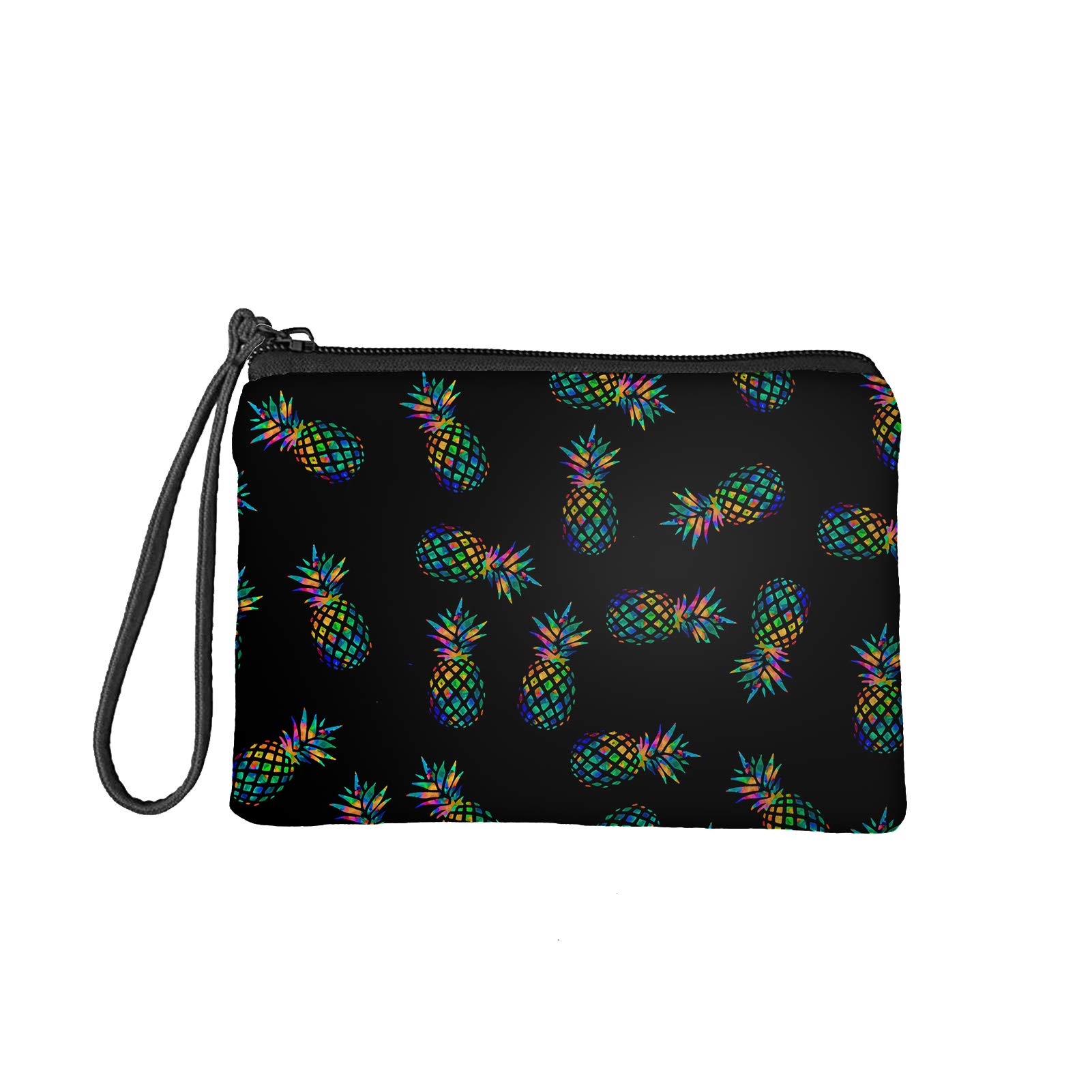 Pizding Small Toiletry Cosmetic Handy Bag for Women Ladies Black Pineapple Print Zipper Closure Travel Pouch Storage Clutch Purse Soft Flannel