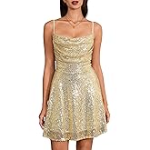 Cjfdfy Women's Sequin Dress Sexy Backless Spaghetti Strap Cowl Neck Sparkly Glitter Mini Dress for Cocktail Homecoming Party