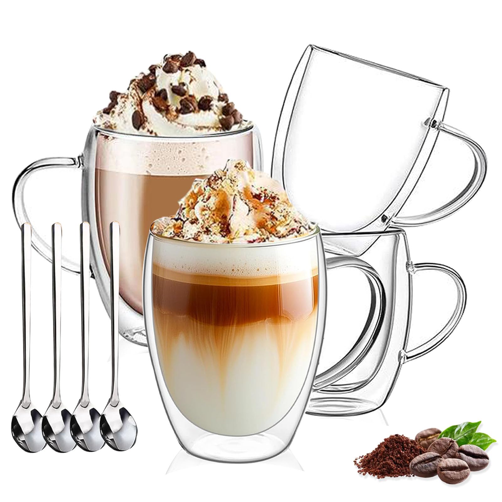 Photo 1 of **MISSING ONE CUP** DINGPAl 4 Pack Double Wall Glass Coffee Mugs, 12 oz Walled Insulated Cappuccino Mug Heat Resistant Borosilicate Glass Coffee Cups with Handle and Spoon for Latte, Espresso, Americano, Hot/Cold Drink
