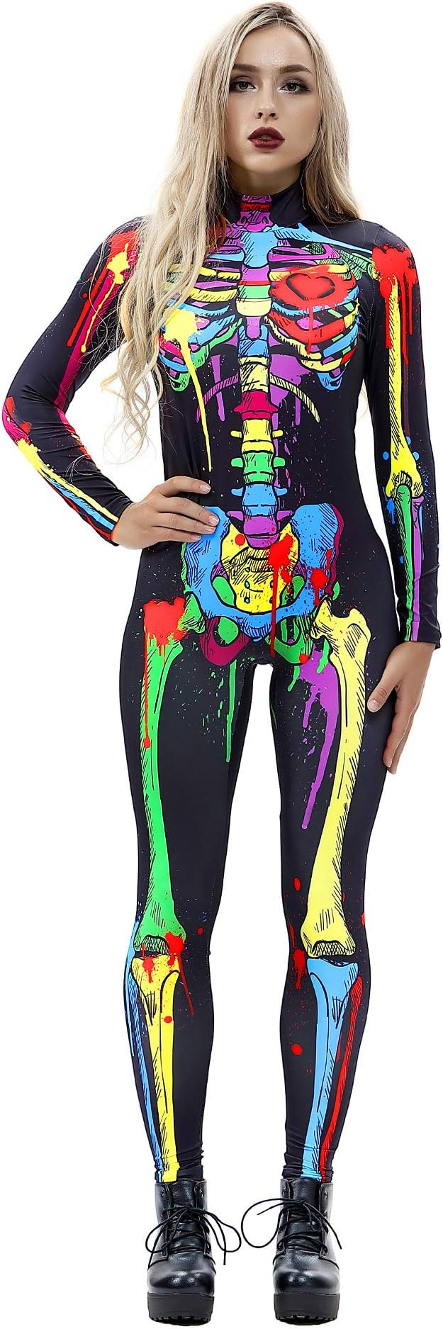 SelowinSelowin Women Funny Halloween Horror Human Skeleton Skull Blood Costume Jumpsuit Colorful S