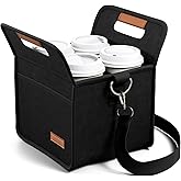 Fluxynara 4-Cup Reusable Felt Drink Carrier with Handle and Adjustable Shoulder Strap, Drink Holder for Car, Multi-Cup Drink Carrier Bag for Delivery, Travel, Picnics (Black)