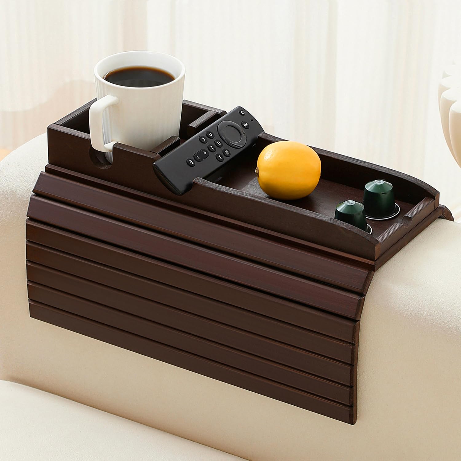 Photo 1 of **NO BOX**HNLISA Bamboo Couch Cup Holder Arm Tray Table?Foldable Couch Drink Holder Armrest Table?Sofa Arm Rest Tray?Flexible Arm Chair Table Recliners for Drink,Cups, Snacks, Phone, Remote (Mahogany)